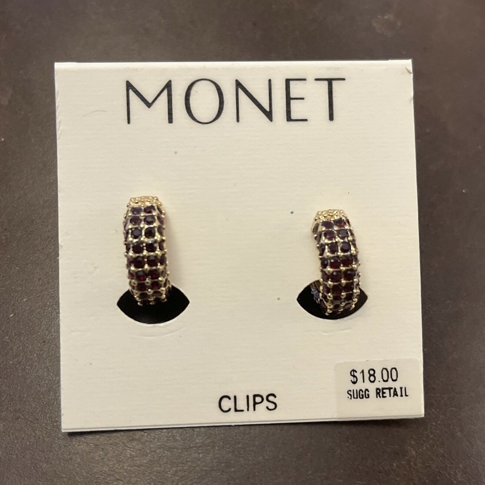 Vintage Monet Clip Earrings, Goldtone and Dark Red, Hoops, Signed